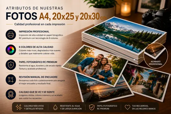 Distintos tamaños de fotos en varias copias sobre una mesa nocturna