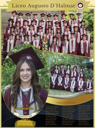 Diseño con alumna principal vestida con toga y birrete, con fotos de sus mejores amigos, y curso completo