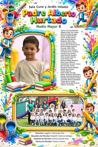 Diseño de muchos colores, tarros de pintura y pequeños niños alrededor, en donde se ubica una foto individual y foto del curso