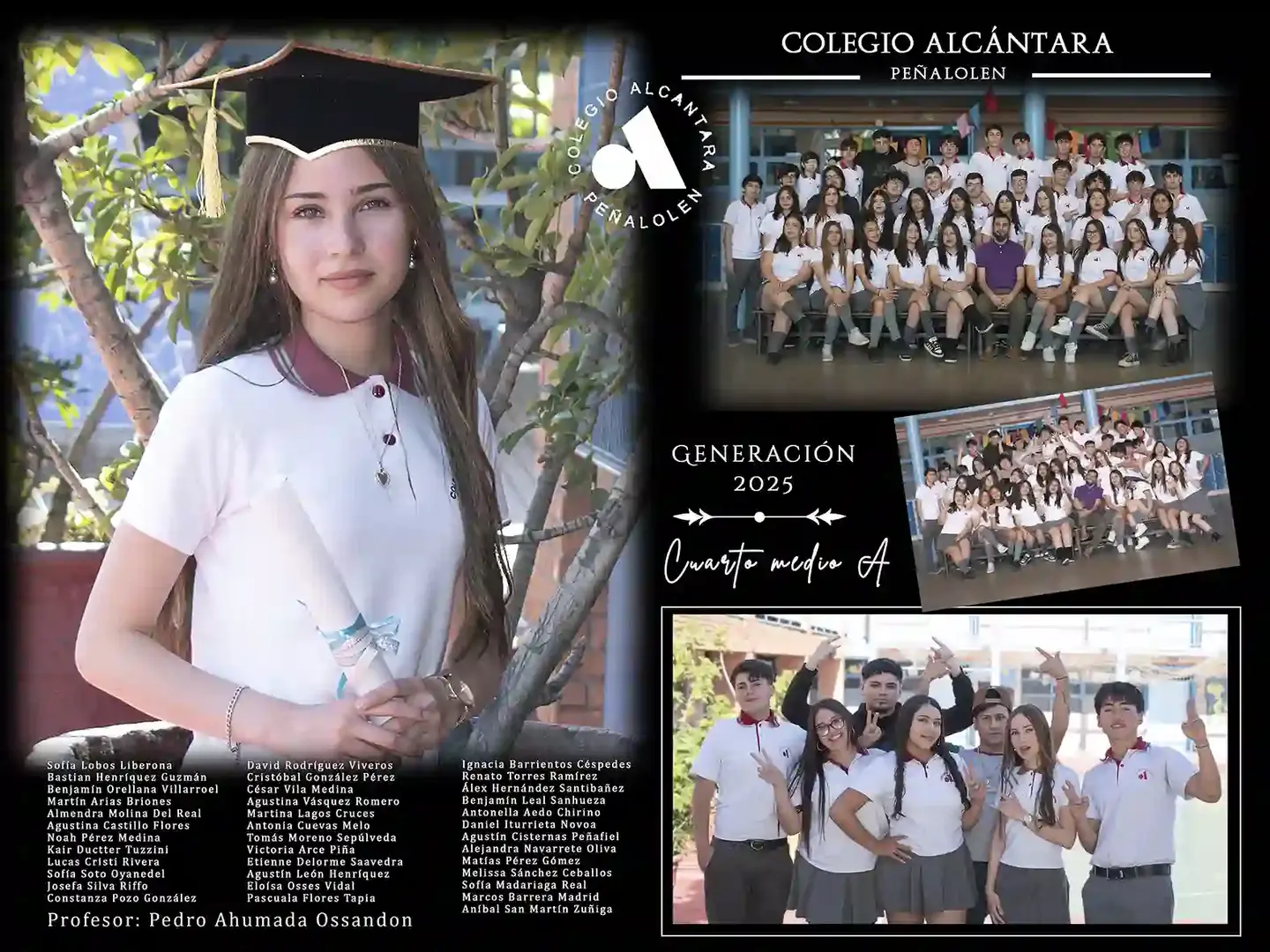Foto de graduada con sus mejores amigos, foto del curso ordenada y desordenada de liceo de Peñalolen