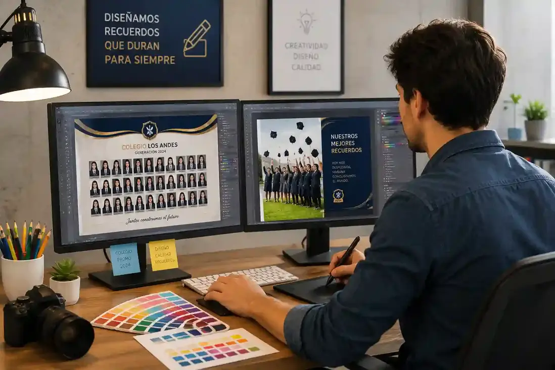 Diseñador trabajando en el computador en el diseño de un cuadro de graduación