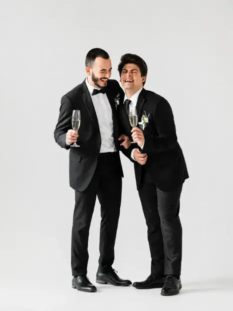 Dos hombres celebrando en estudio con trajes elegantes y copas de champagne sobre fondo claro minimalista.