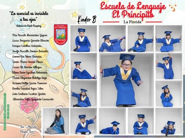 Cuadro de graduación estilo cubo para Kínder con fotografías creativas realizadas en un cubículo fotográfico.