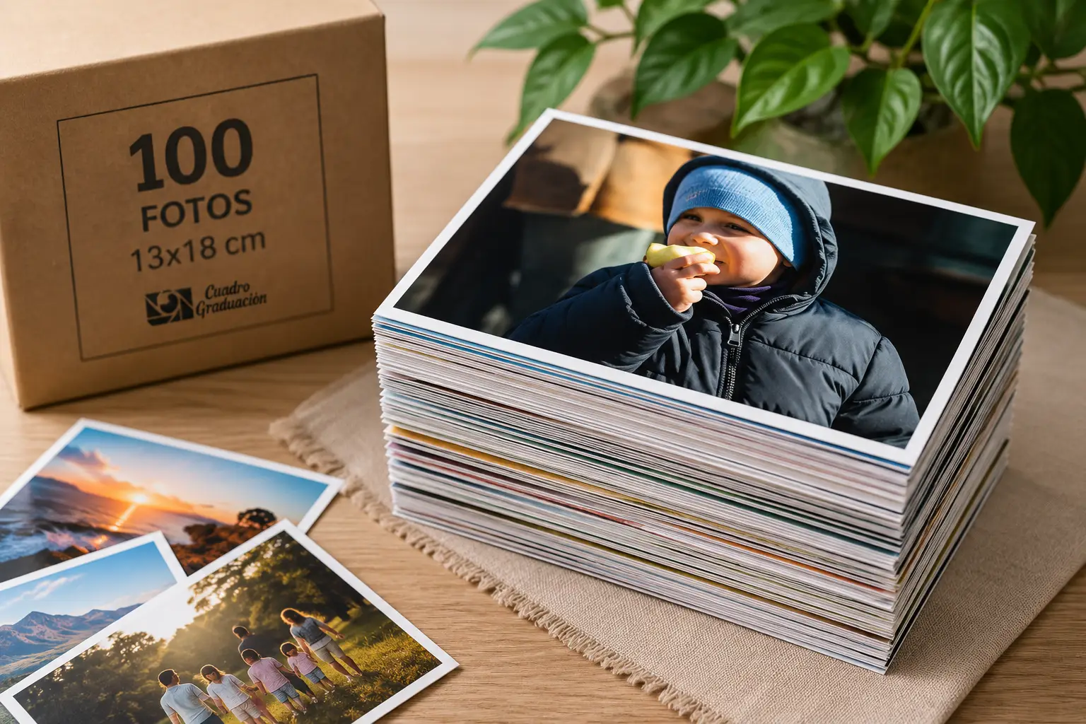 pack de 100 fotos en una mesa, con la foto de un niño en principal