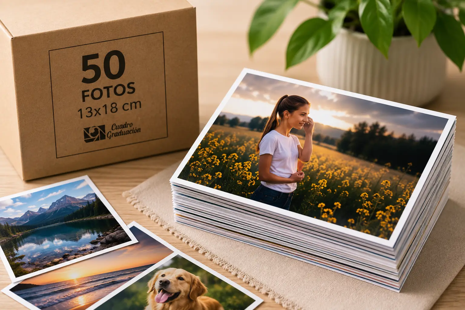 Pack de 50 fotos de 13x18 cm en una mesa con la foto de una niña de principal