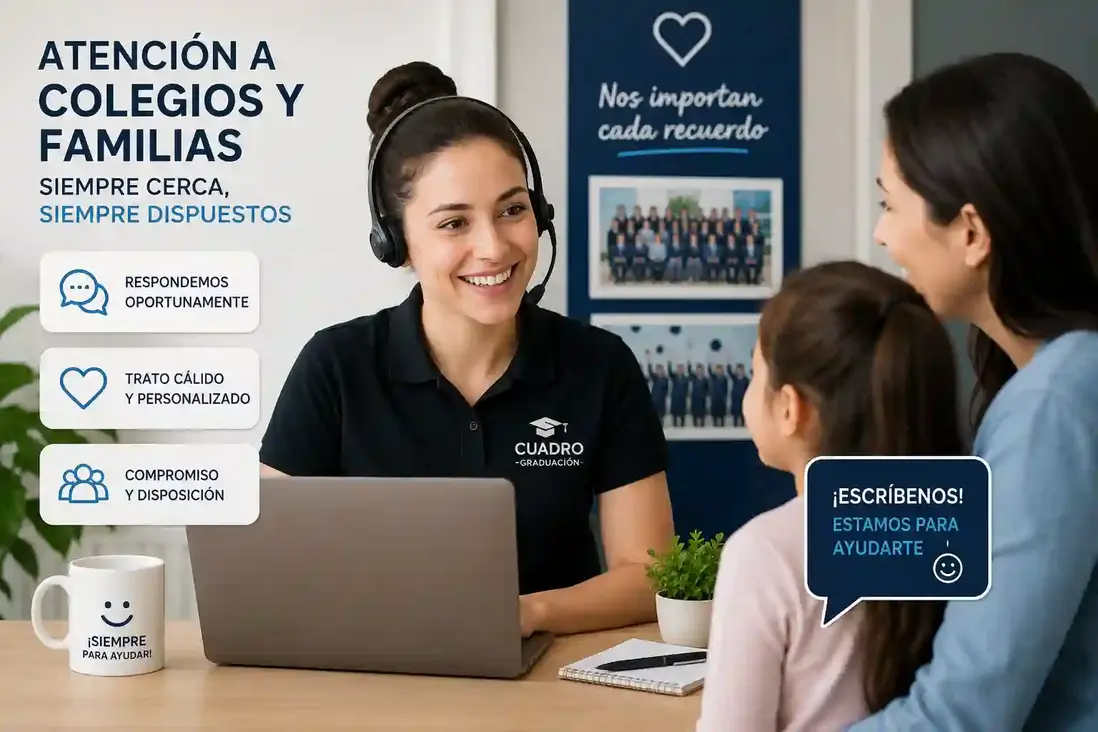 Atención personalizada para colegios y familias durante el proceso de fotografía y cuadros de graduación.