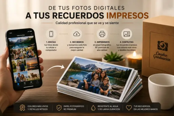 Smartphone mostrando foto infantil sobre impresiones fotográficas en fondo claro