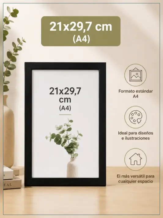 Cuadro personalizado tamaño A4 21x29,7 cm con marco negro para fotografías, ilustraciones y decoración de interiores.