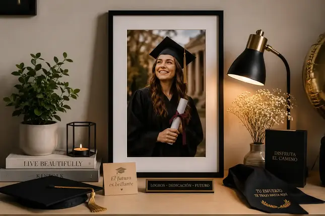 Cuadro de graduación personalizado con fotografía profesional de titulada, ideal para conservar y exhibir un logro académico importante.