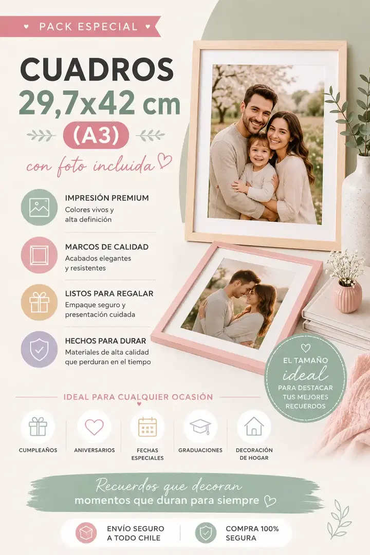 Cuadro personalizado tamaño A3 con fotografía incluida, impresión premium y marco elegante para decoración de hogar, oficina y regalos especiales.