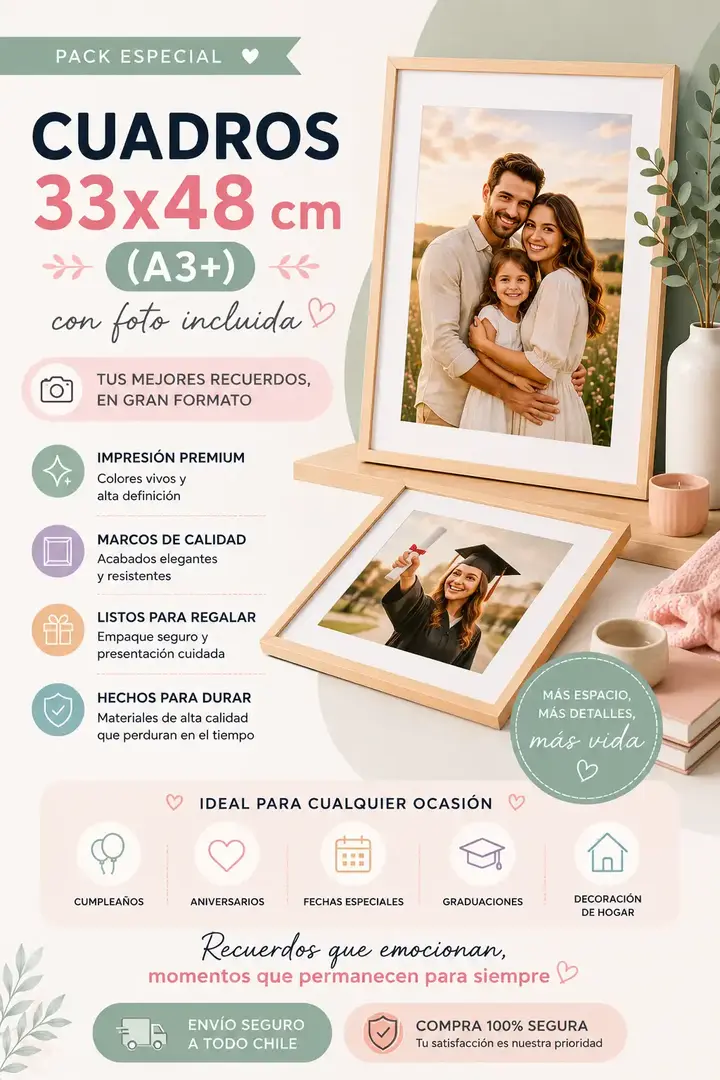 Cuadro personalizado A3+ de 33x48 cm con fotografía incluida, impresión premium y marco elegante para decoración y regalos especiales.