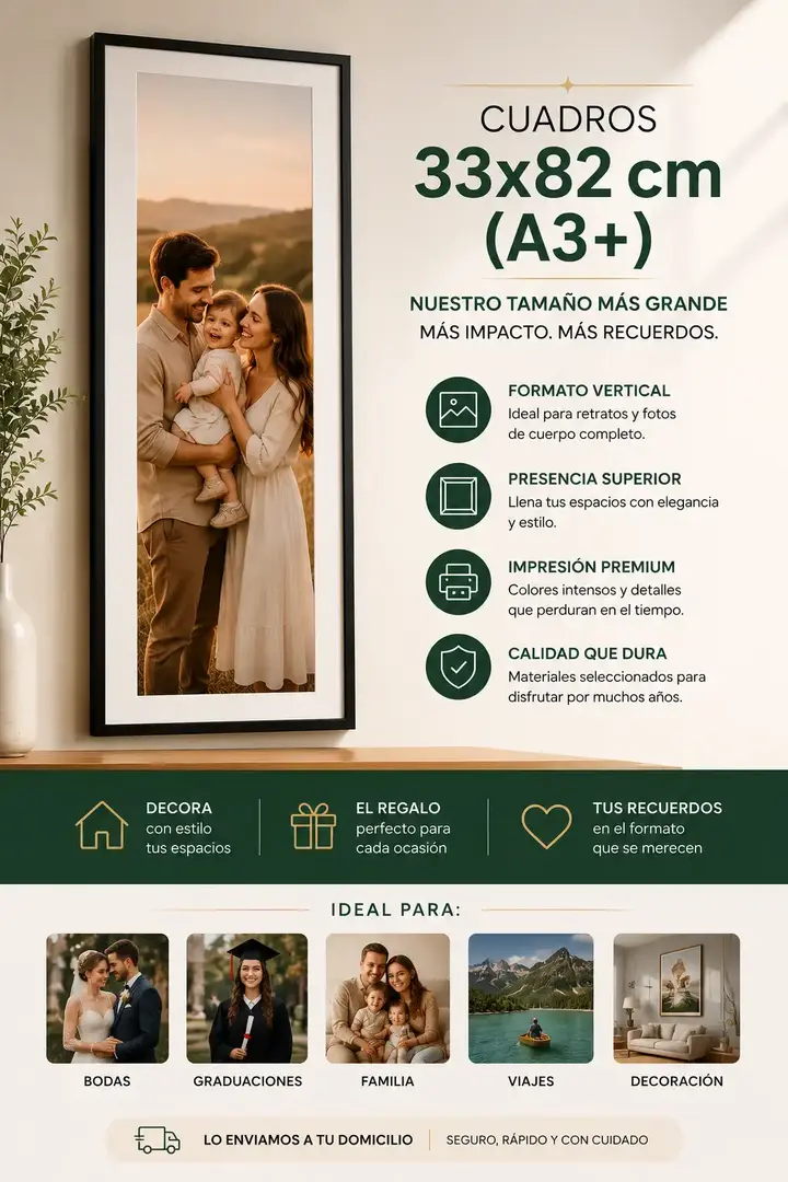 Cuadro personalizado A3+ de 33x82 cm con fotografía impresa en alta calidad y marco elegante para decoración de gran impacto.