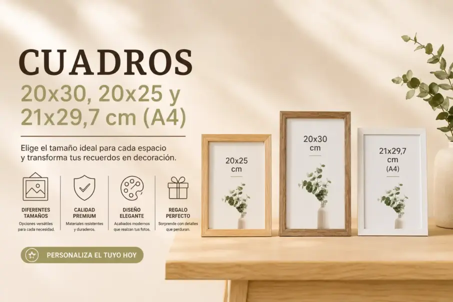 Cuadros personalizados tamaños 20x25 cm, 20x30 cm y 21x29,7 cm A4 sobre mesa de madera en ambiente decorativo moderno.