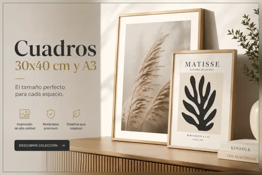 Cuadros personalizados 30x40 cm y tamaño A3 con impresión fotográfica de alta calidad y marco decorativo premium.