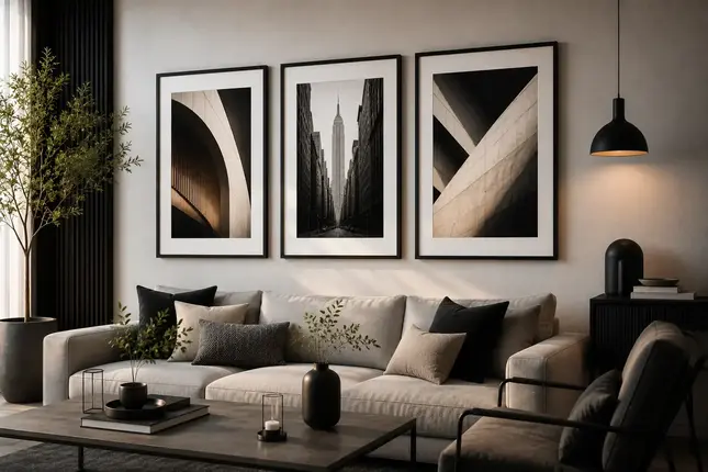 Sala de estar moderna decorada con cuadros de diseño contemporáneo en formato 30x40 cm y A3, ideales para espacios elegantes y minimalistas.