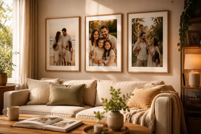 Cuadros personalizados con fotografías familiares decorando un espacio acogedor y lleno de recuerdos especiales.