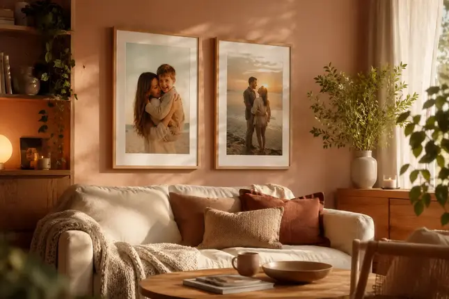 Sala de estar decorada con cuadros personalizados 30x40 cm que muestran fotografías familiares en un ambiente cálido y acogedor.