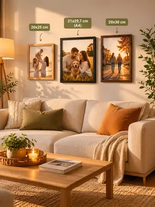 Sala de estar decorada con cuadros personalizados tamaños 20x25 cm, 20x30 cm y 21x29,7 cm A4 sobre sofá en ambiente moderno y acogedor