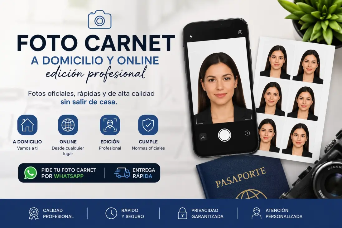 Servicio de foto carnet a domicilio y online con edición profesional y entrega rápida de fotografías oficiales.