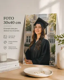 Foto gigante de graduada sobre un fondo de muro claro, y un macetero de plantas adornando