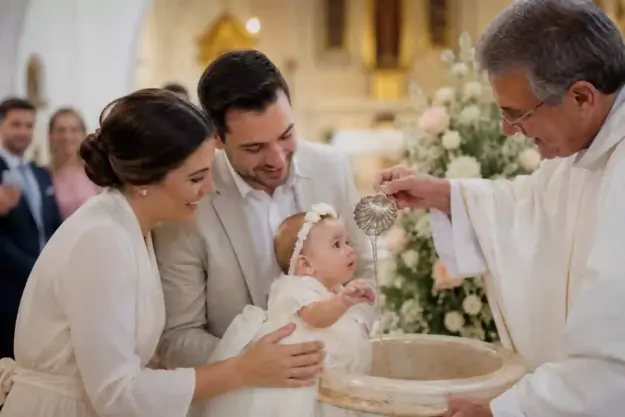 Fotografía profesional de bautizo durante ceremonia religiosa con familia y bebé.