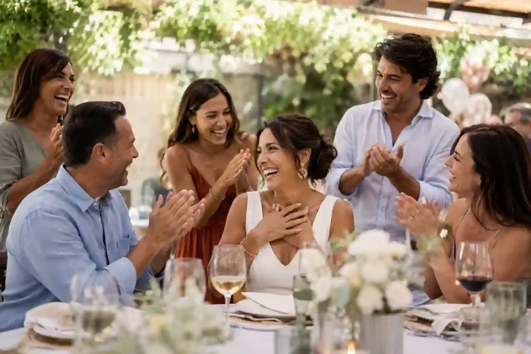 Cantando feliz cumpleaños a mujer vestida de blanco rodeada de sus amigos y con fotógrafo personal