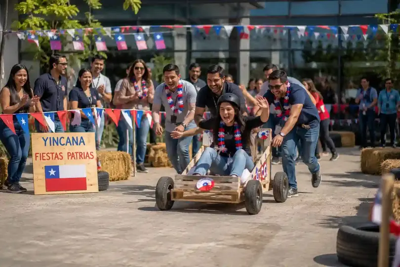 Foto de evento empresarial en fiestas patrias, con compañeros en actividades de juegos típicos de Chile