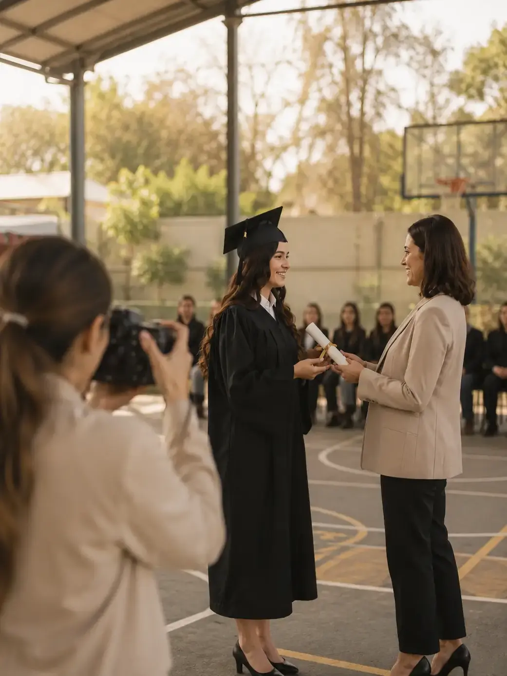Fotógrafa capturando la entrega de diploma de una estudiante durante ceremonia de graduación en gimnasio escolar con luz natural.