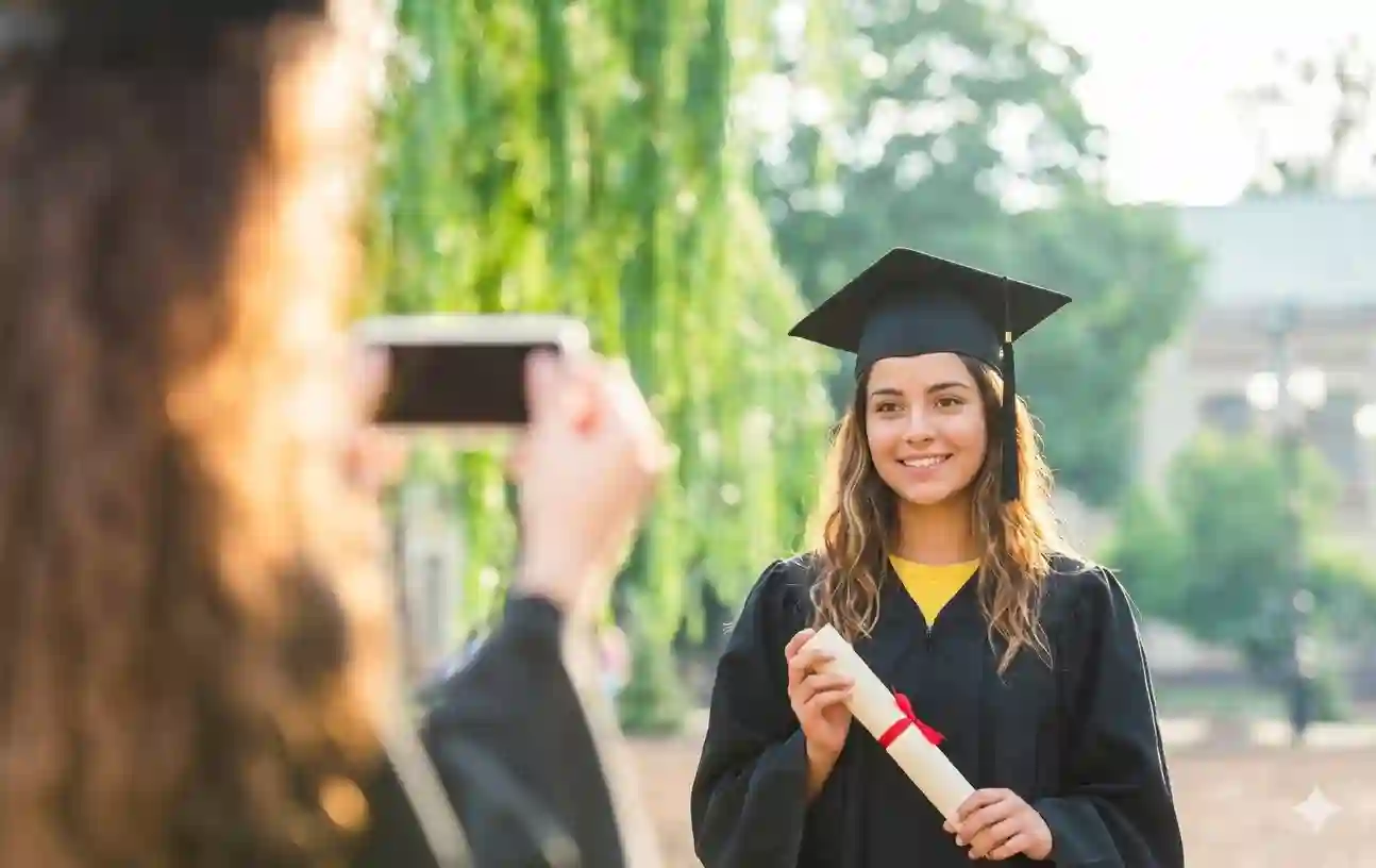 Estudiantes posando junto a sus cuadros de graduación
