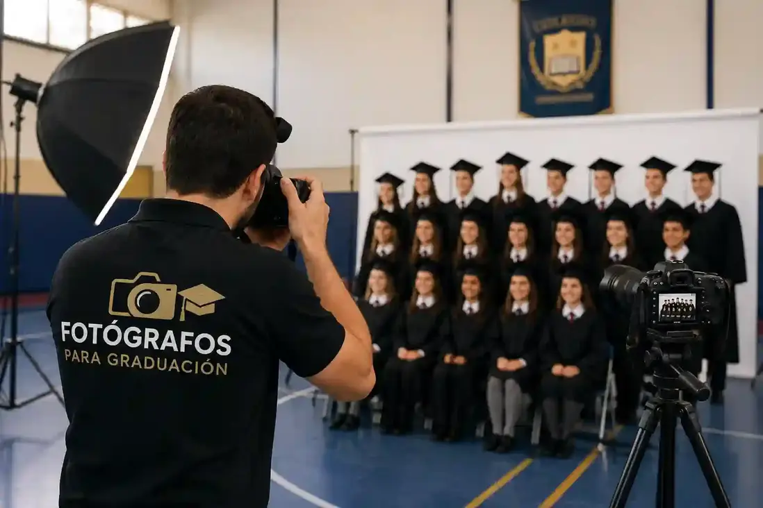 Fotógrafo tomando fotos de graduación a un grupo de estudiantes