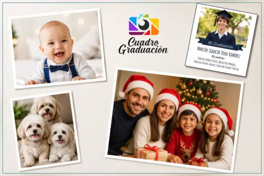 Collage profesional de fotografías familiares y diseños personalizados para recuerdos, graduaciones y eventos especiales.