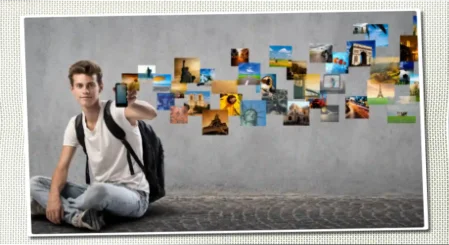 Joven mostrando fotografías digitales flotantes desde un smartphone en concepto de impresión y galería de imágenes digitales