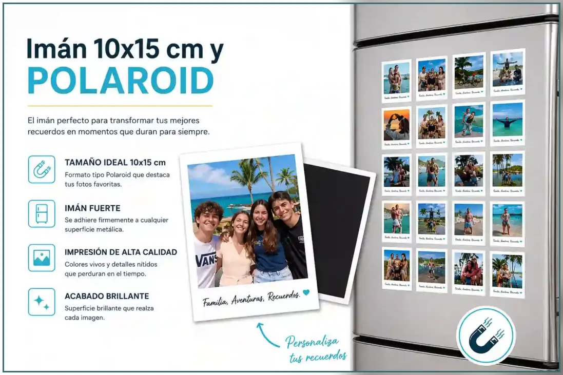 Refrigerador con imanes en orden, estilo polaroid y con una descripción al lado izquierdo