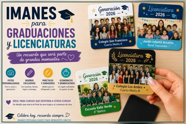 Imanes personalizados para graduaciones y licenciaturas con fotografías de cursos, nombres, fechas y diseños conmemorativos.