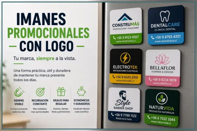 Imanes promocionales con logo para empresas, publicidad magnética personalizada para refrigeradores y superficies metálicas.