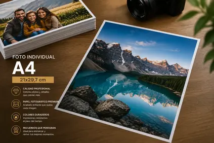 Foto tamaño grande de un lago en la cordillera sobre una mesa y una pila de fotos al final