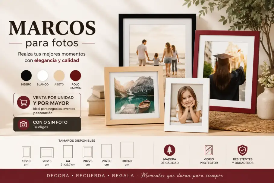 Marcos para fotos de madera con vidrio en colores negro, blanco, abeto y rojo carmín para decoración y regalos.