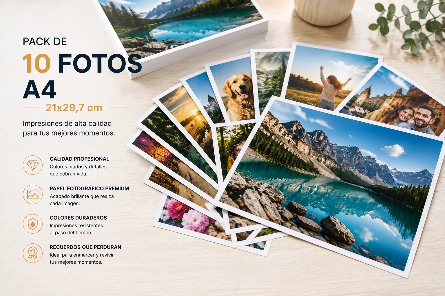 Pack de fotos A4 sobre una mesa en forma de abanico las fotos