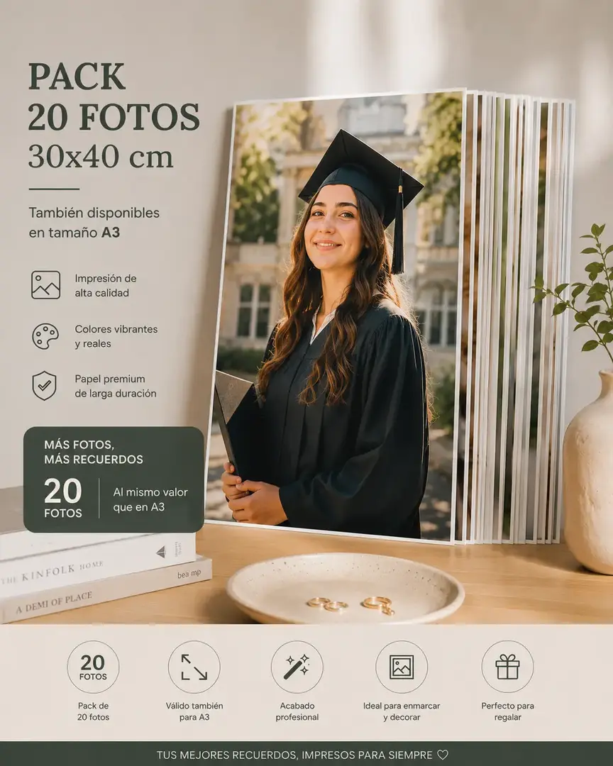 Pack de 20 fotografías impresas tamaño 30x40 cm y A3 con acabado profesional y colores vibrantes
