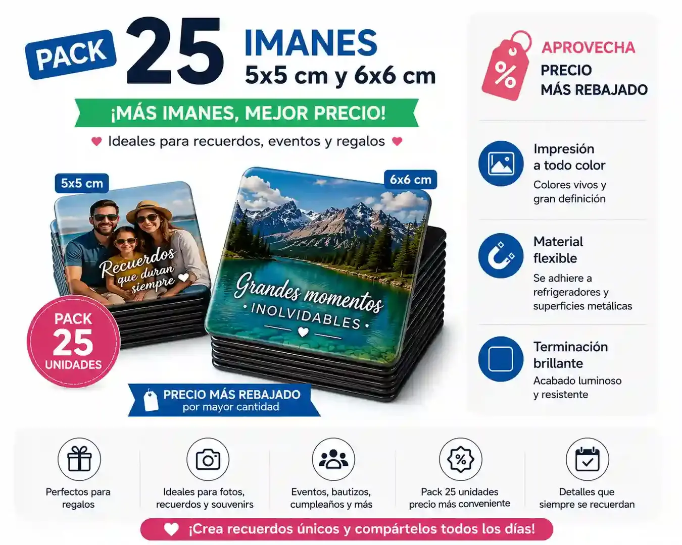 Pack de 25 imanes personalizados de 5x5 cm y 6x6 cm con impresión fotográfica a todo color, ideal para recuerdos, eventos, invitaciones y regalos personalizados.