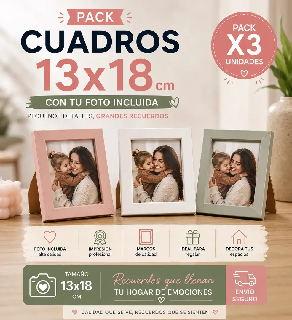 Pack de cuadros 13x18 cm con foto incluida, impresión fotográfica profesional y marcos decorativos para recuerdos especiales