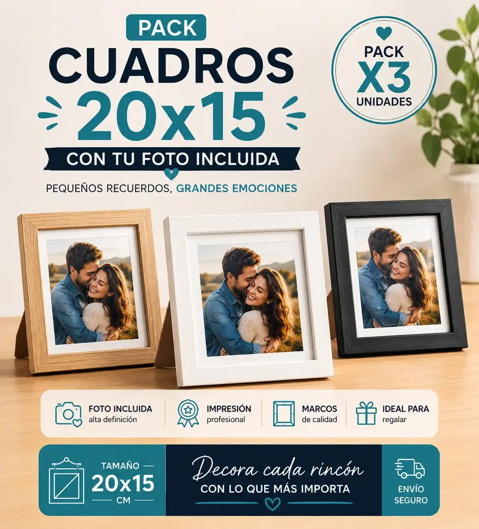 Pack de cuadros 20x15 con foto incluida e impresión profesional, ideal para decorar repisas, escritorios y espacios pequeños