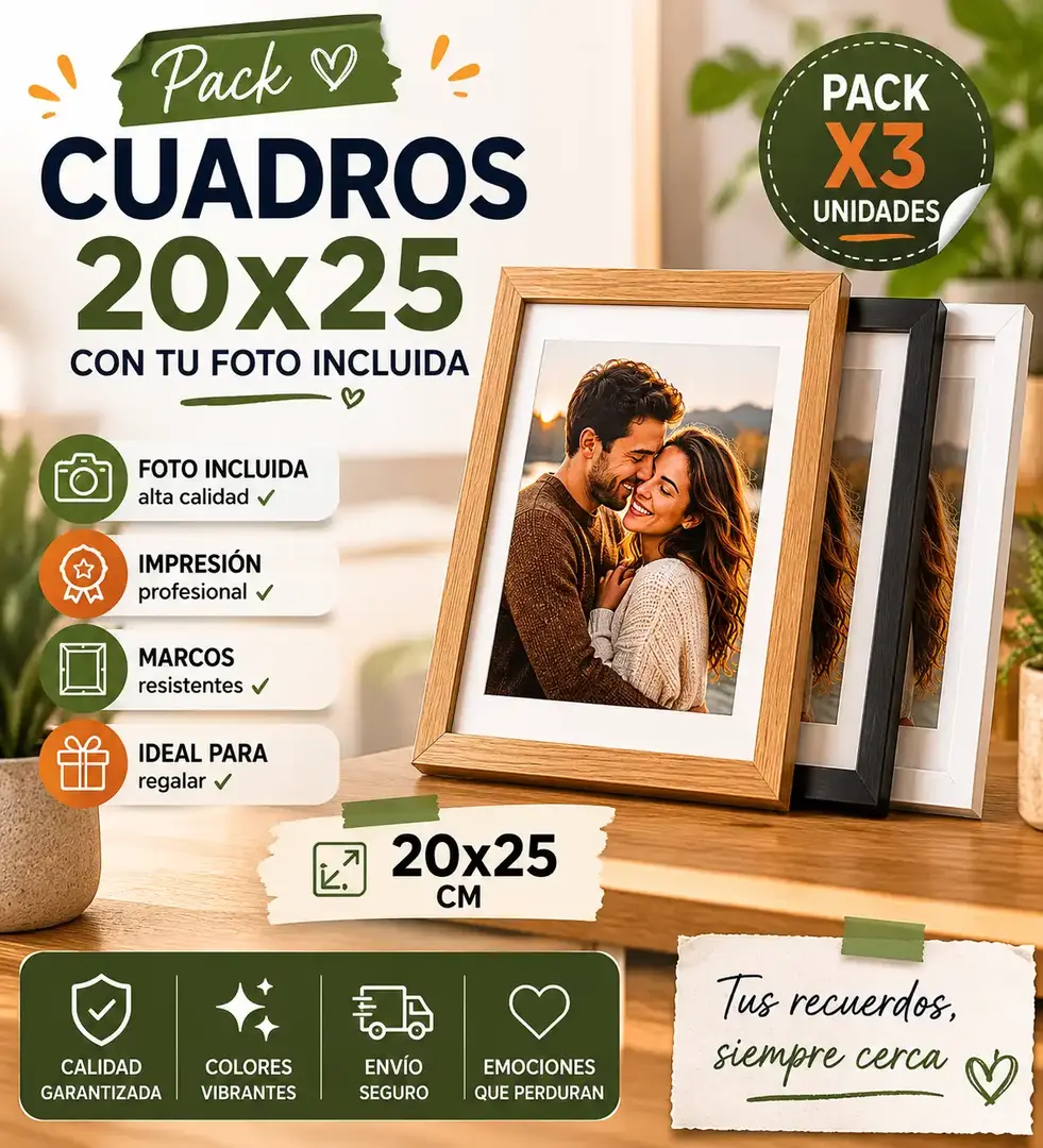 Pack de 3 cuadros 20x25 con foto incluida, impresión fotográfica de alta calidad y marcos premium para decorar