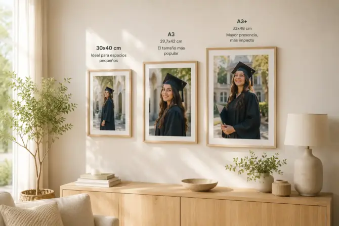 Pared decorativa moderna con cuadros de fotografías tamaño 30x40 cm, A3 y A3+ en tonos claros y estilo aesthetic