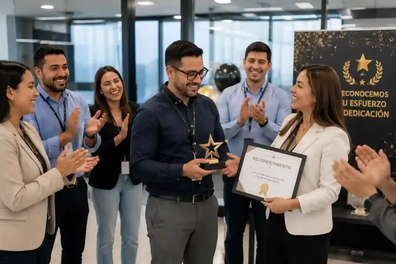 Premiación de compañero de trabajo por su esfuerzo, premio lo entrega su jefa