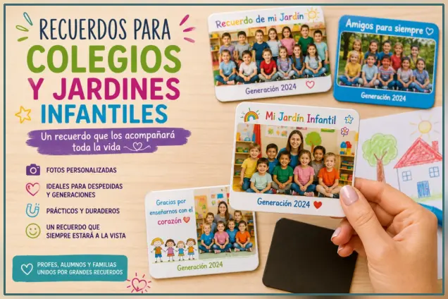 Imanes personalizados para colegios y jardines infantiles con fotografías de cursos, graduaciones y licenciaturas escolares.