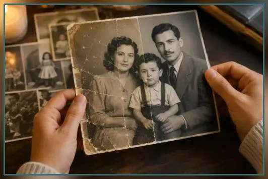 Restauración profesional de fotografía familiar antigua dañada y recuperada digitalmente.
