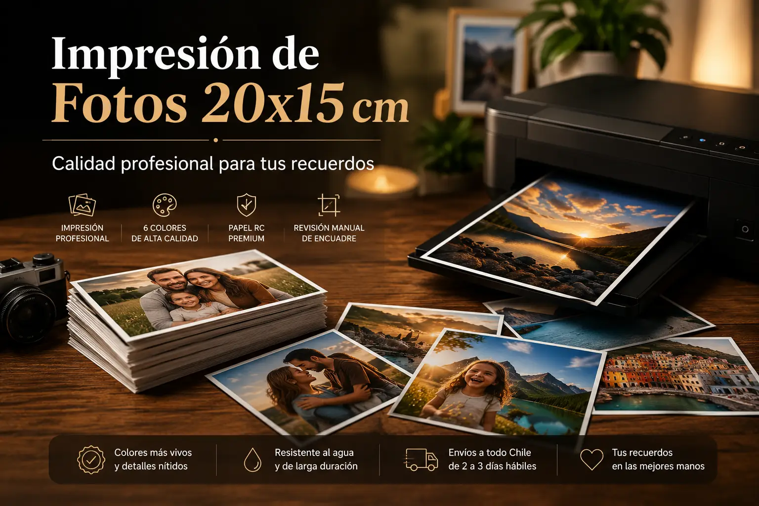 Mesa con luz tenue con fotos familiares encima